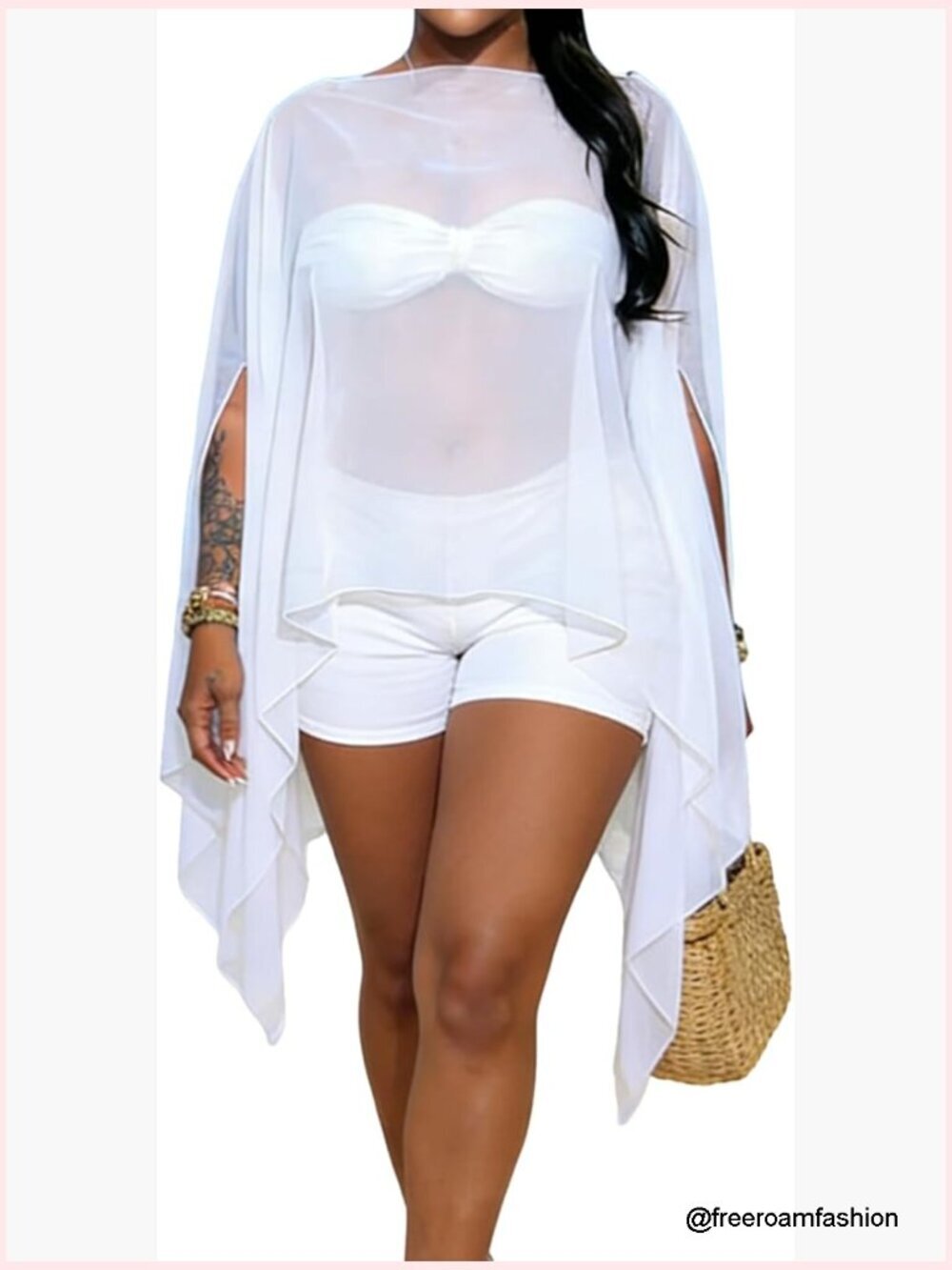 Sheer 2 Piece Cover Up Set with Bat Sleeve Top and Shorts